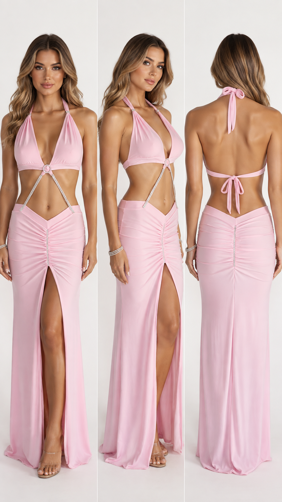 Baby pink rhinestone two piece gown with halter top, draped rhinestone detail and floor-length split skirt by Flirtations
