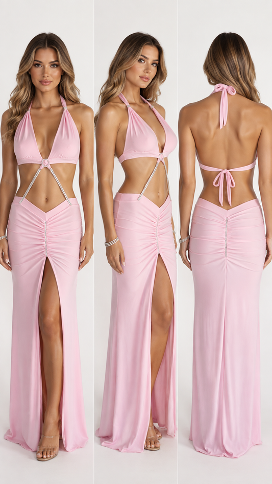 Baby pink rhinestone two piece gown with halter top, draped rhinestone detail and floor-length split skirt by Flirtations