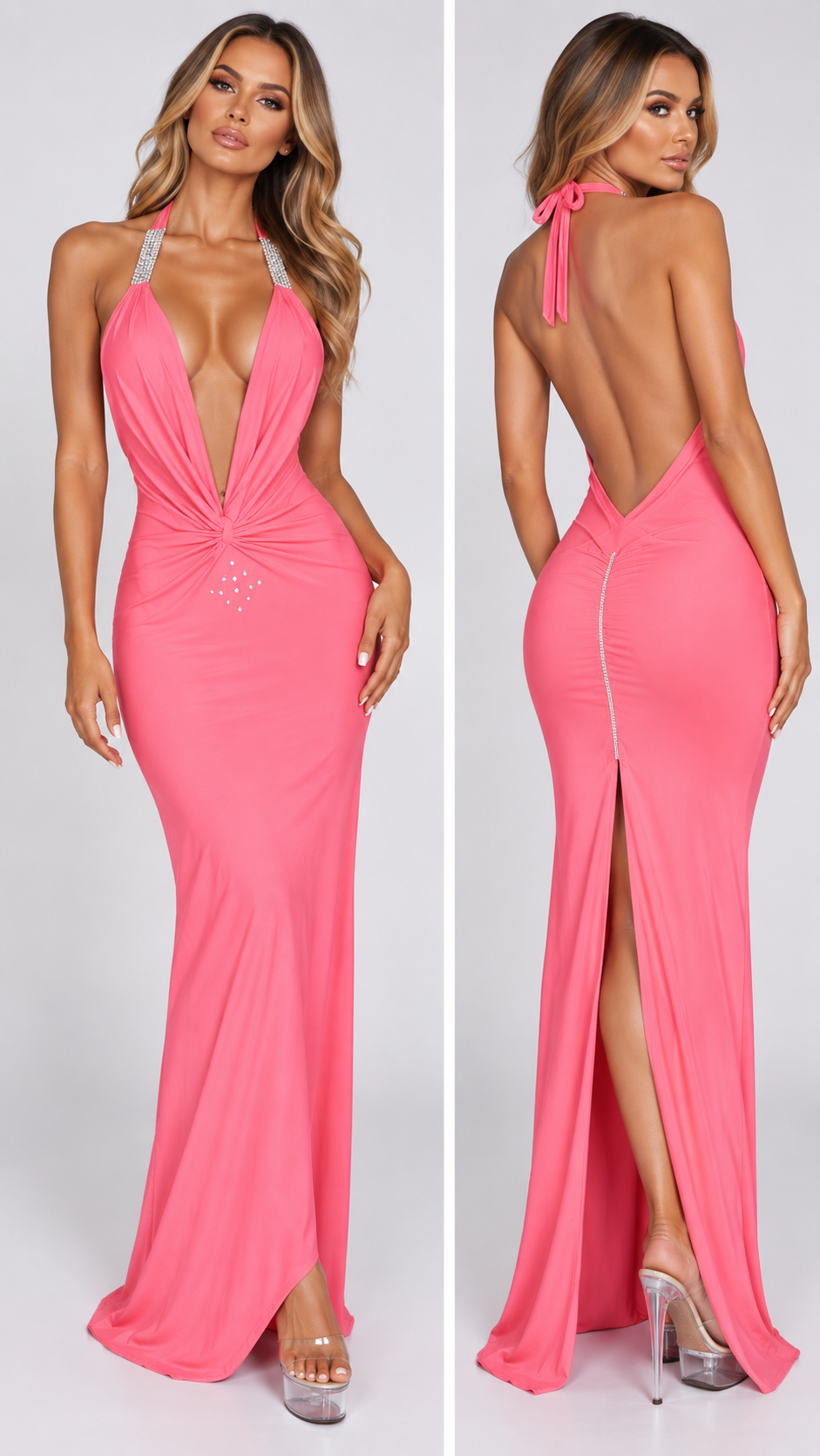 Model wearing hot coral rhinestone plunge stage gown with low open back and full-length skirt