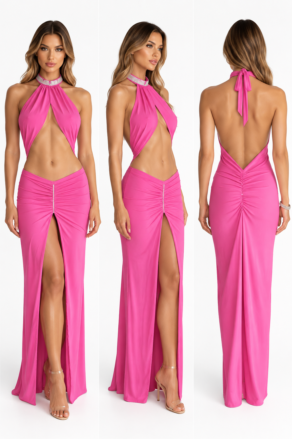 Model wearing berry pink rhinestone cut-out stage gown with high front split