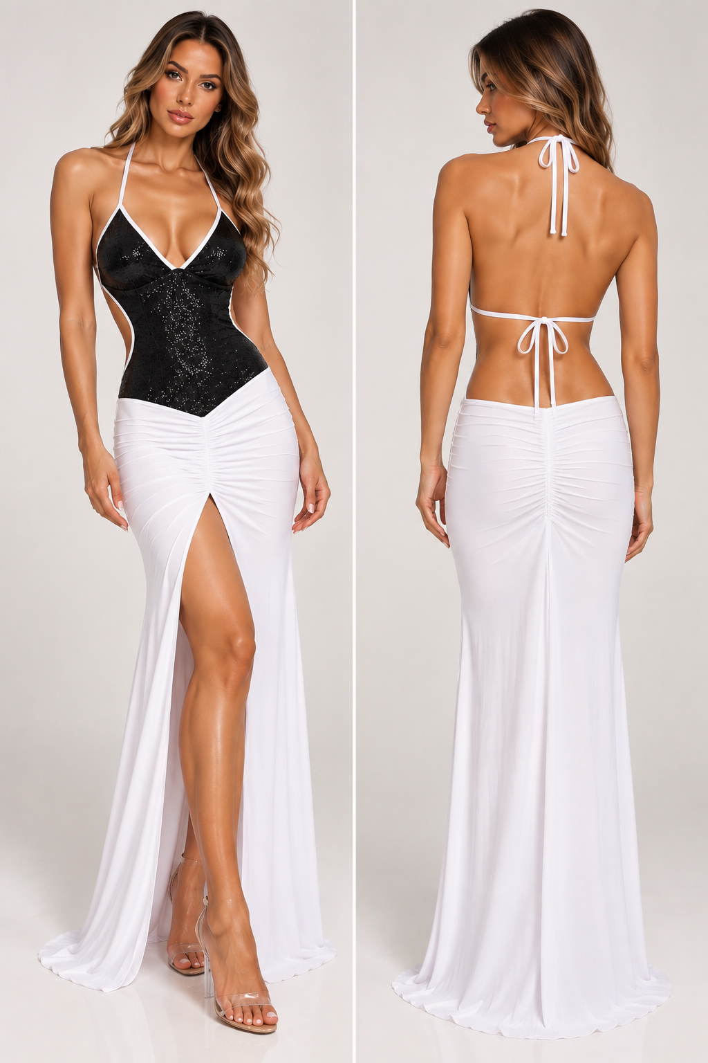 Black sequin and white dancer gown with plunging halter neckline, cut-out sides and high split skirt