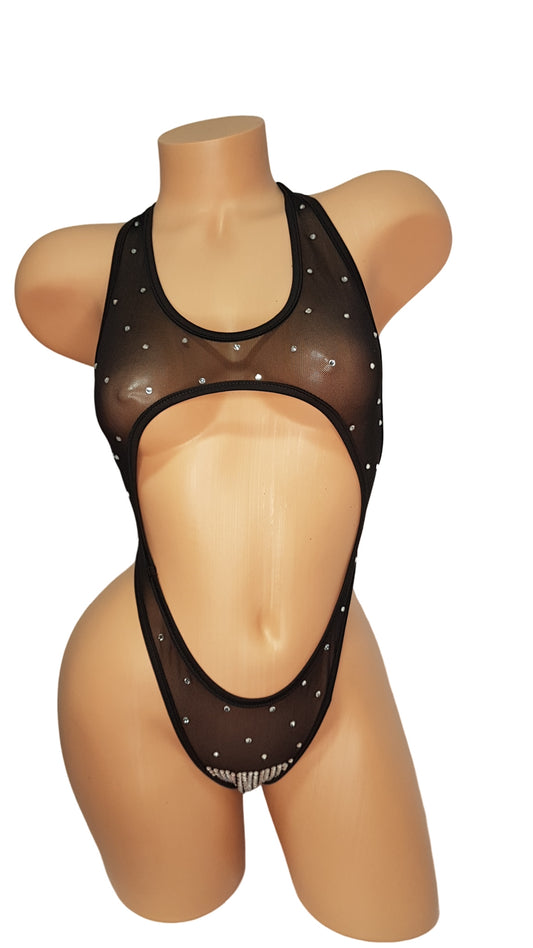 Ashley Rhinestone Mesh OnePiece - Black
