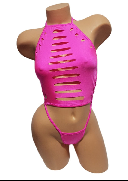Hot Pink Slashed Bodysuit OnePiece