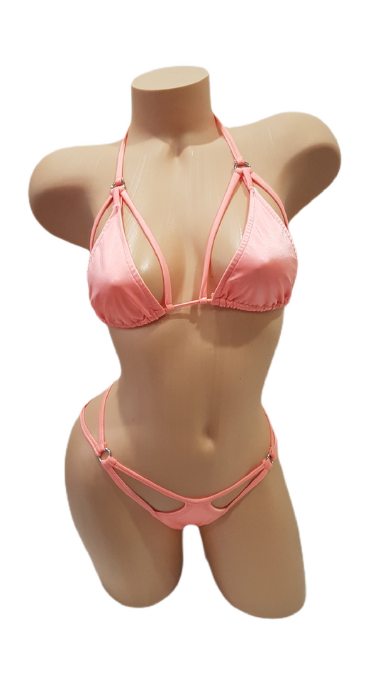 Peach Cut Out Cage Harness Top Bikini Set