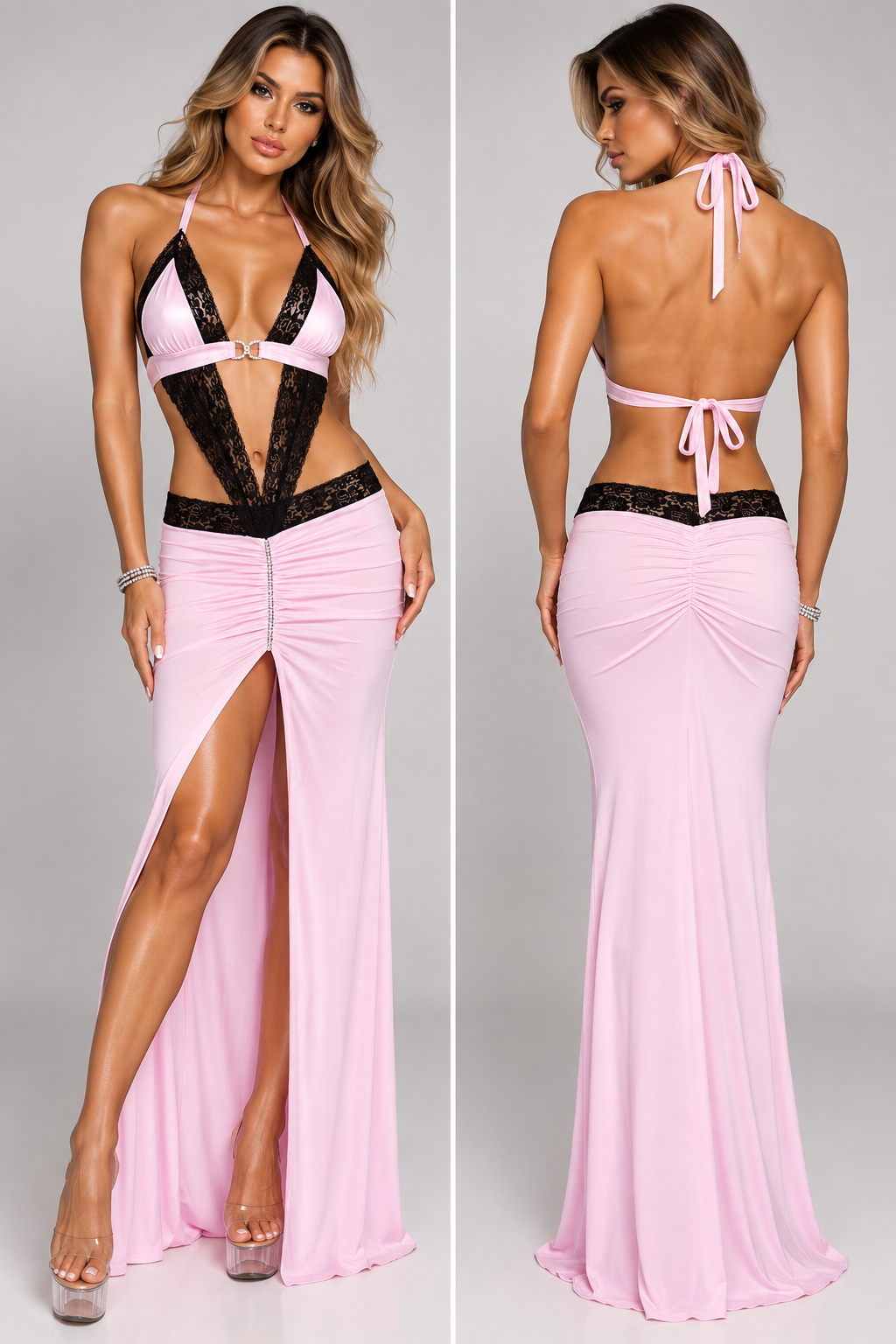 Baby pink and black lace gown with rhinestone detailing, plunging halter neckline and high front split by Flirtations