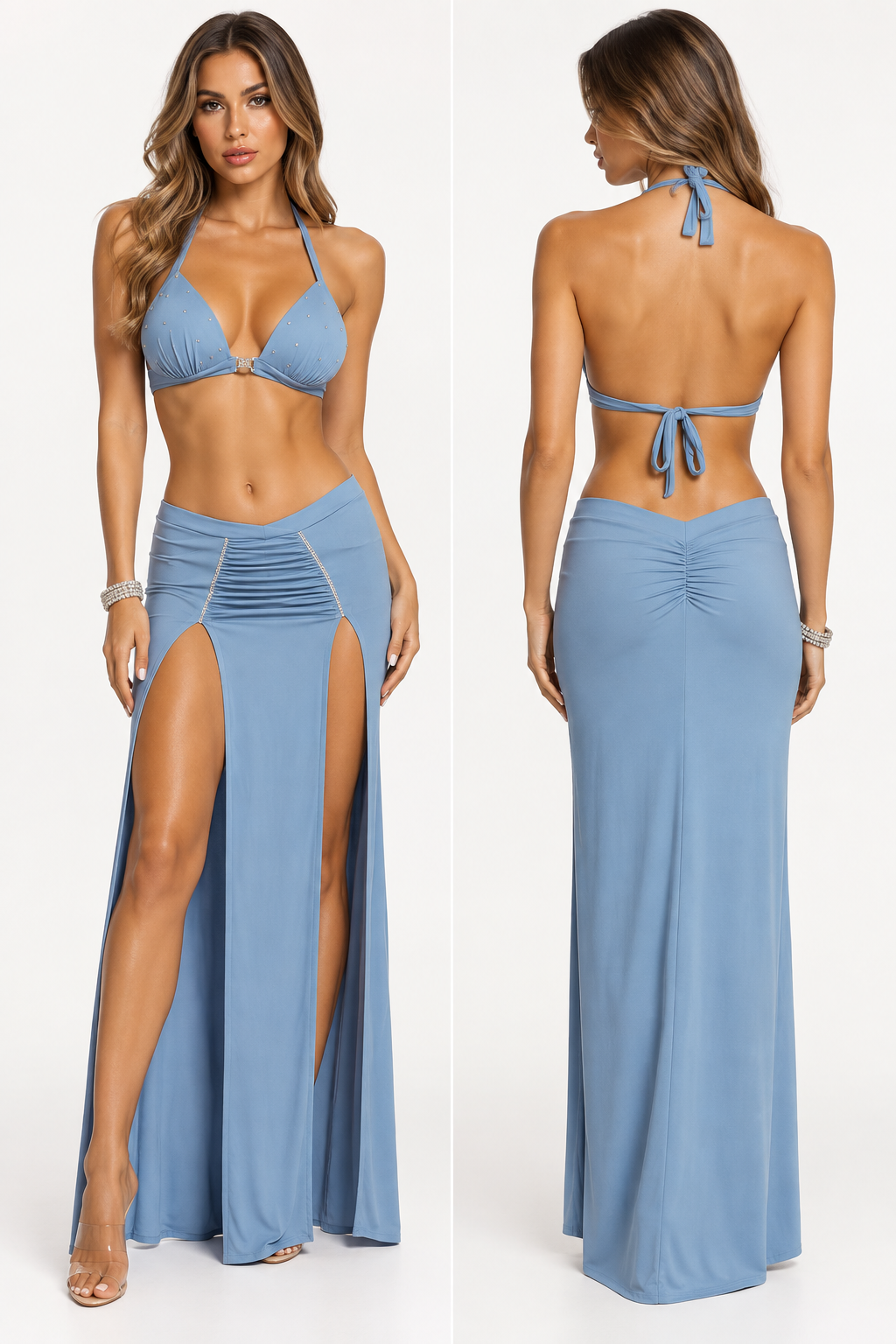 Dusty blue rhinestone two piece dancewear set with padded halter top and floor-length double split skirt by Flirtations