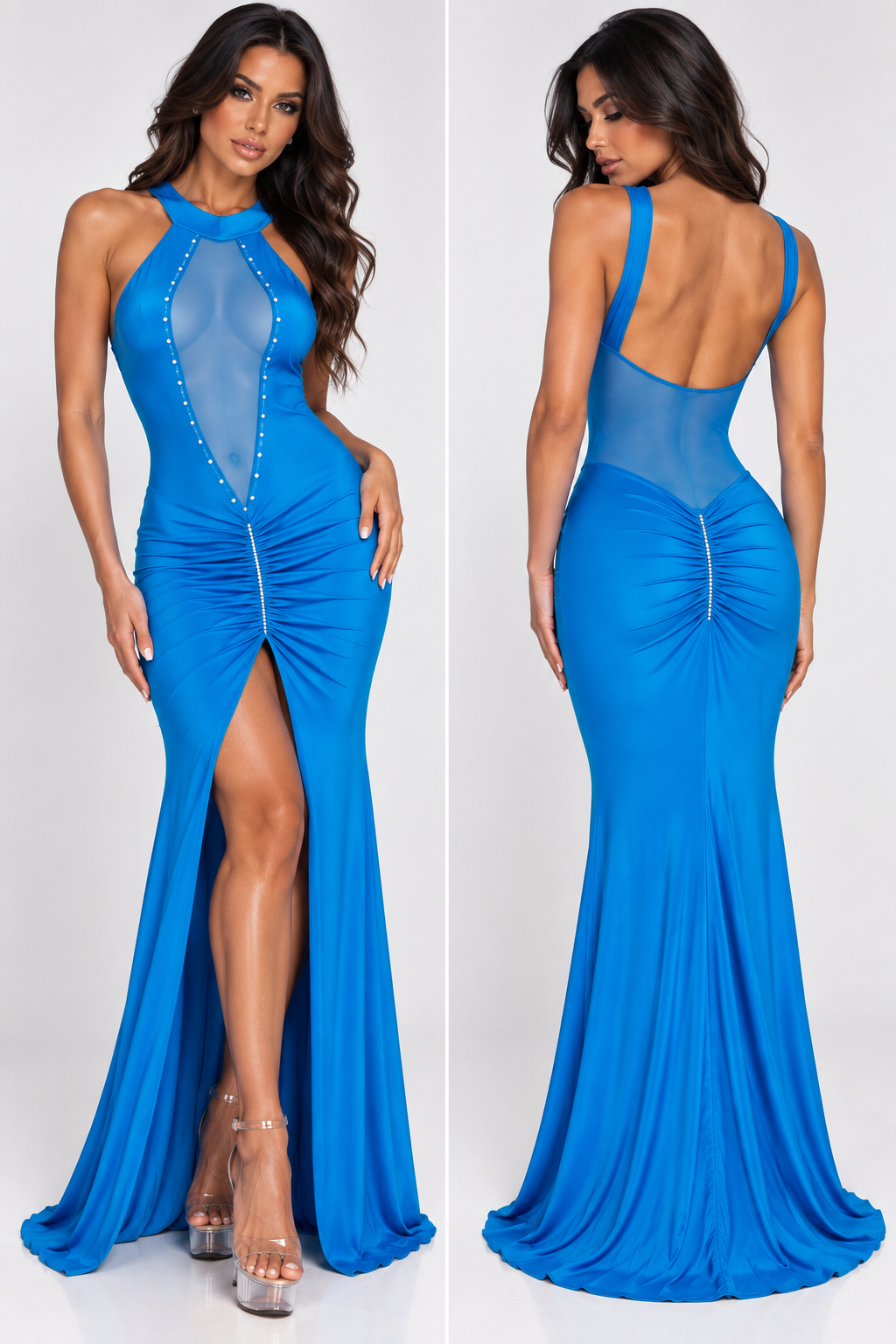 Electric blue mesh rhinestone gown with sheer bodice, ruched detailing, high front split and low open back by Flirtations