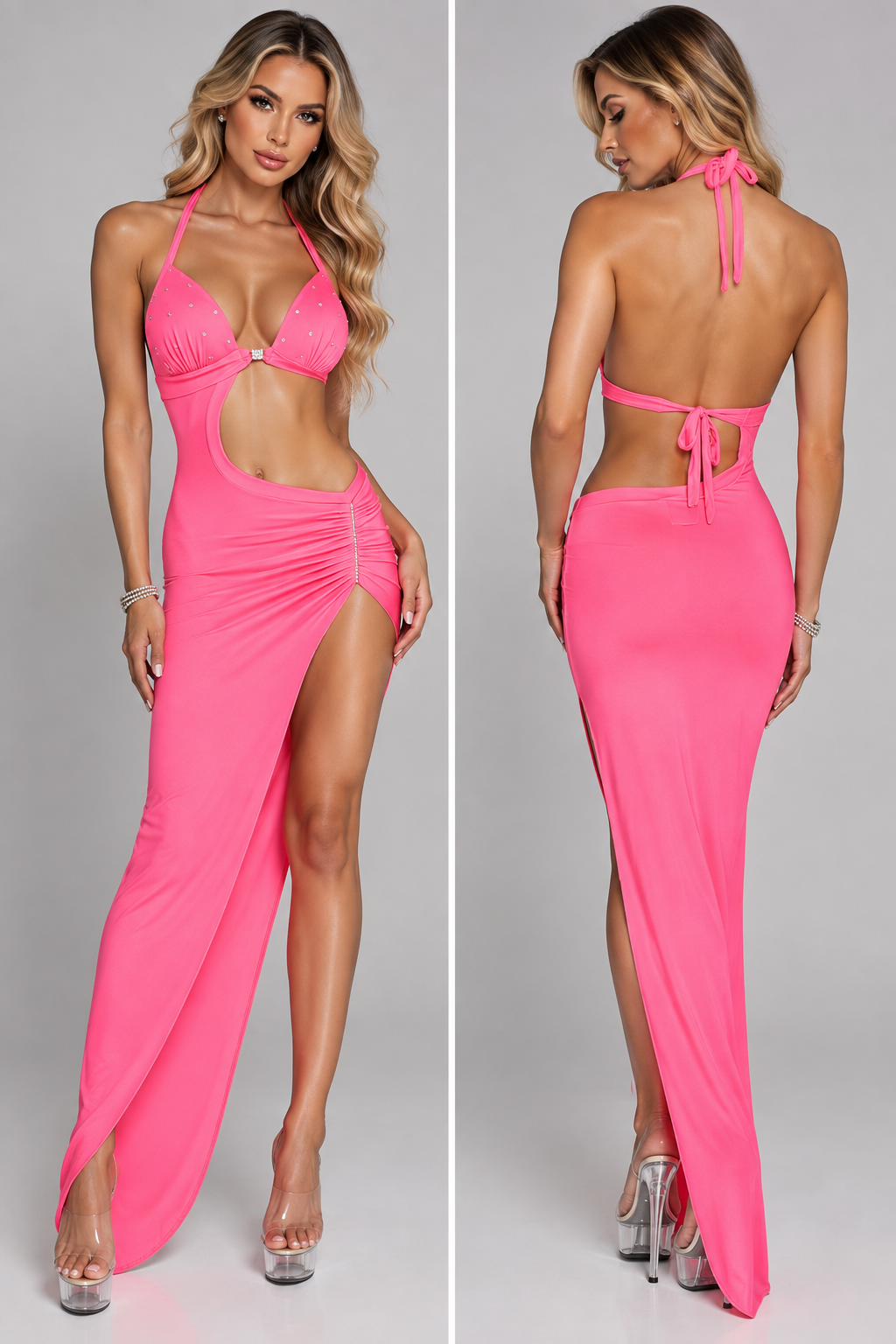Hot coral rhinestone cut-out gown with padded halter top, high front split and open back by Flirtations