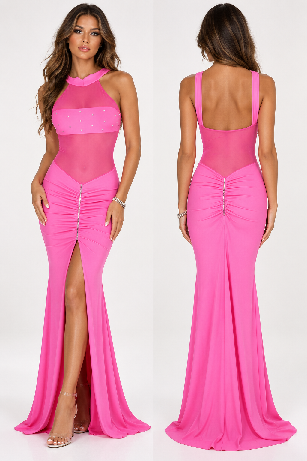Hot pink mesh rhinestone gown with machine-studded bust panel, ruched detailing and high front split by Flirtations