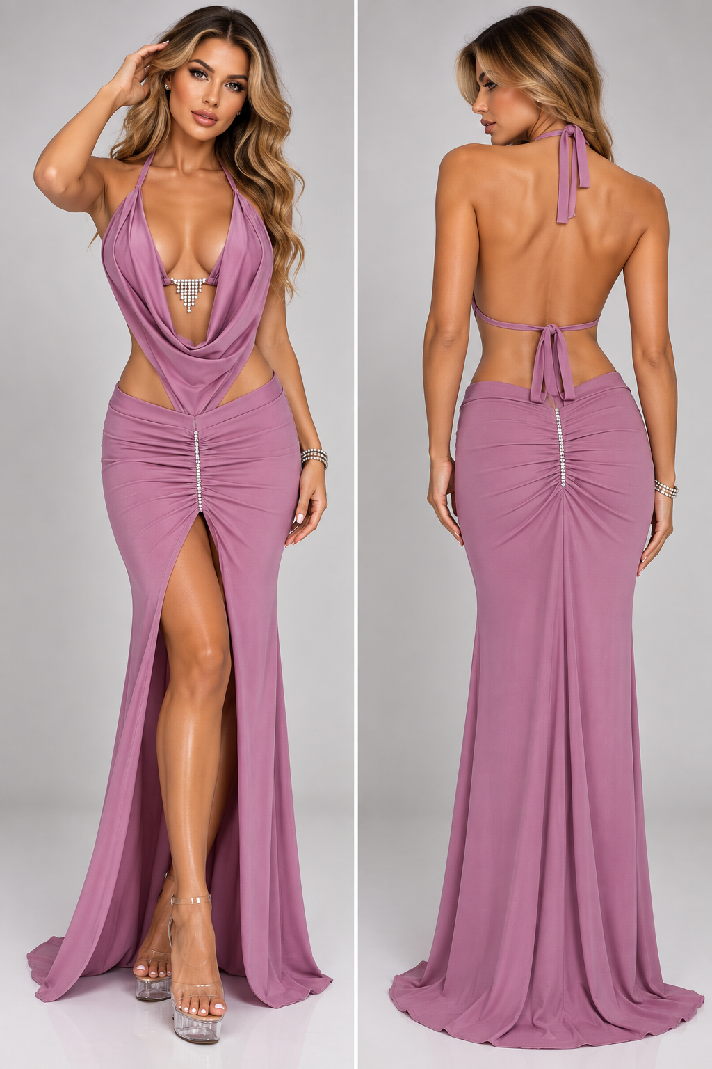 Mauve rhinestone draped gown with plunging neckline, high front split and low open back by Flirtations