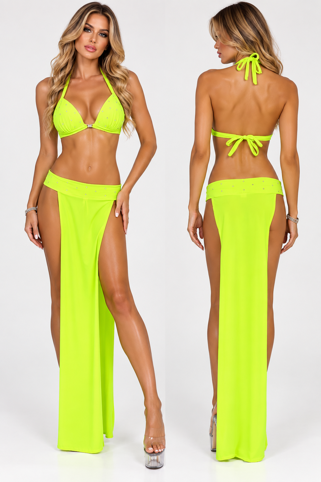 Neon yellow rhinestone two piece dancewear set with padded halter top and floor-length high side split skirt by Flirtations