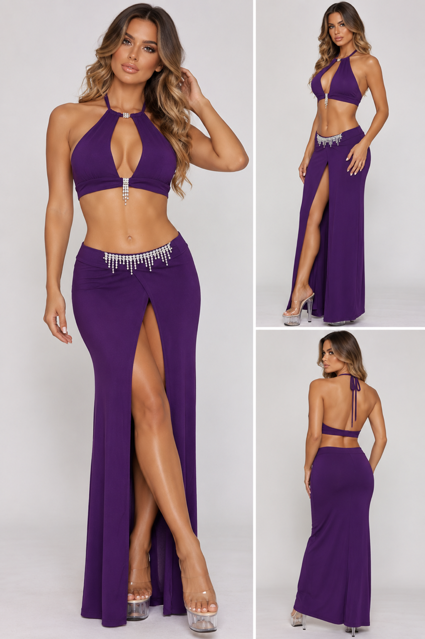Purple rhinestone two-piece exotic dancewear set with halter crop top and long high split skirt with rhinestone fringe