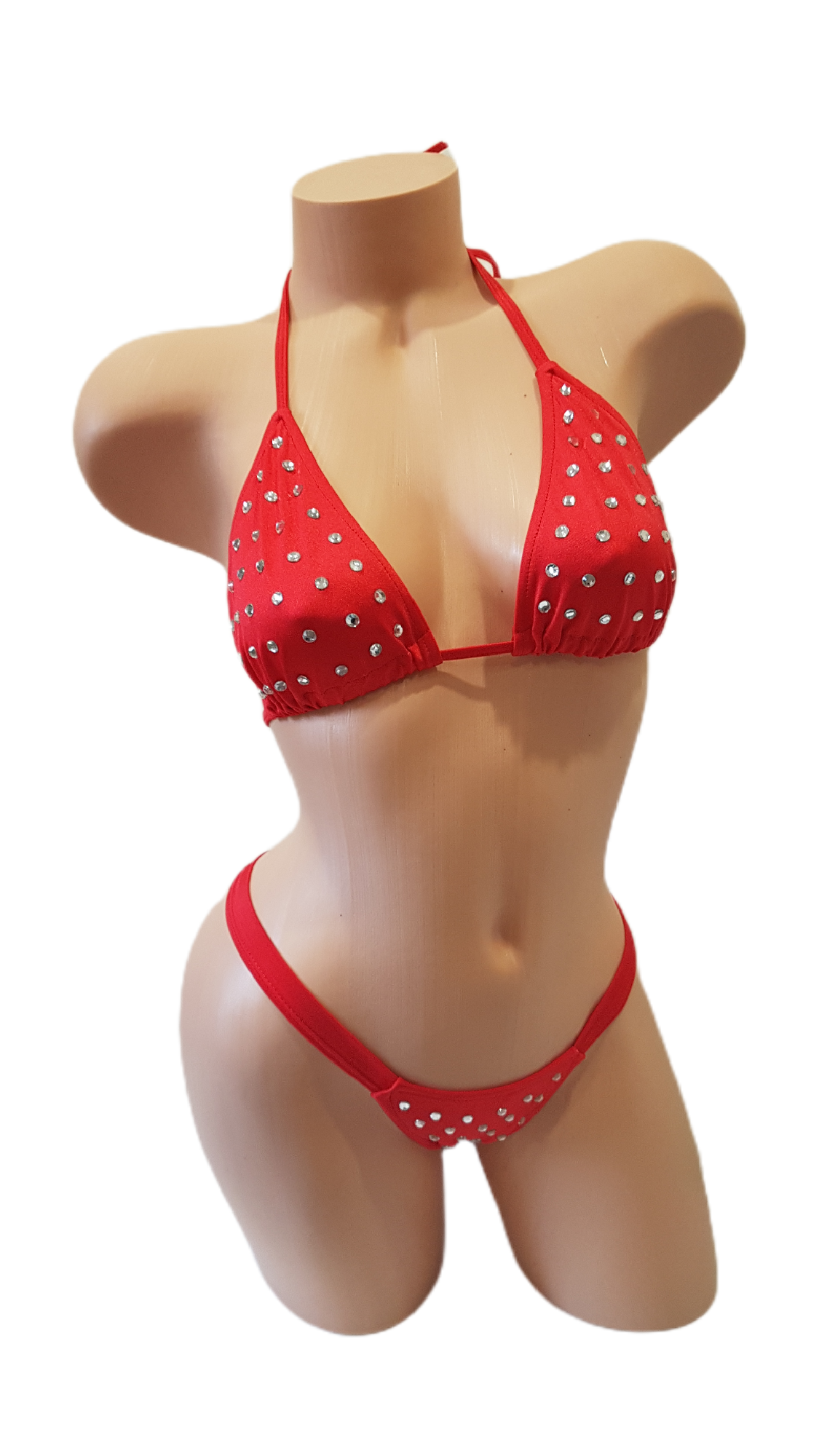 Red rhinestone triangle bikini set featuring crystal embellishments and matching G-string for exotic dancers and stage performers