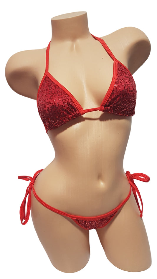 Red Sequin Tie Side Bikini Set