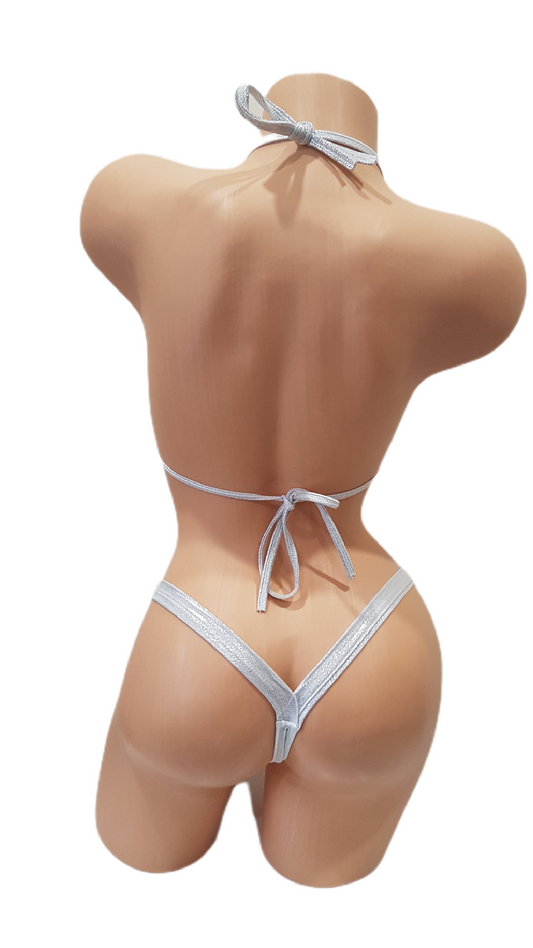 Silver rhinestone bikini set with triangle top and matching G-string for exotic dancers and stage performers.
