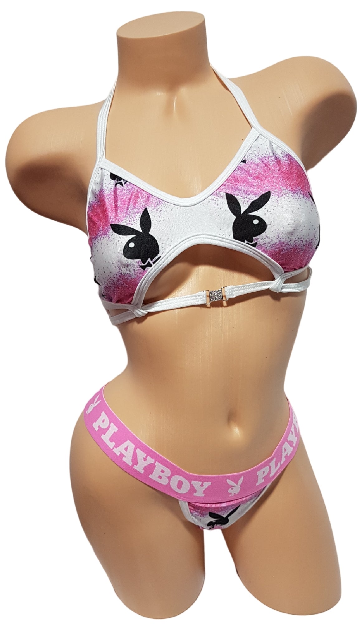 Pink White Exotic Dancer Peekaboo Top Gstring Set