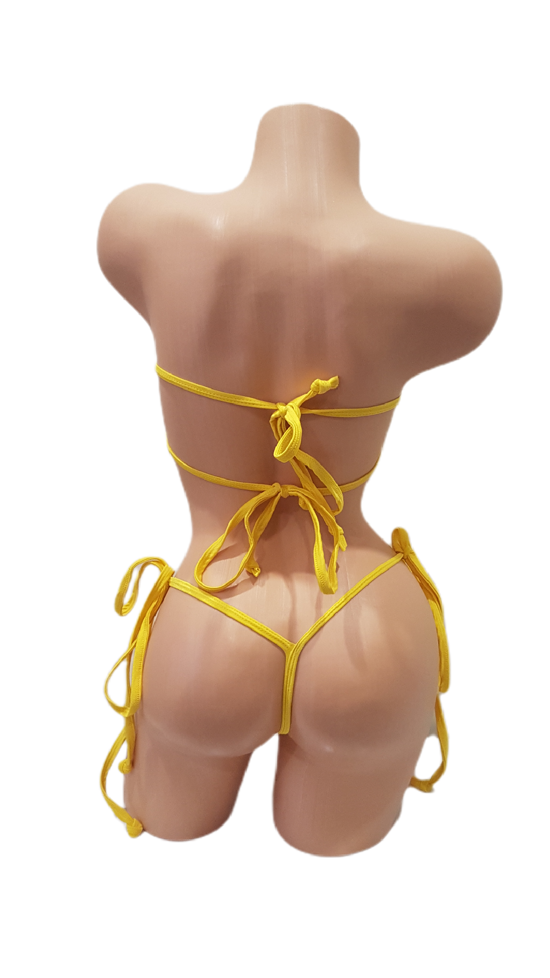 Yellow Sequin Rhinestone bandeau bikini set with crystal connector, adjustable tie-side G-string bottoms and glamorous exotic dancer styling.